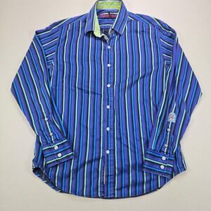 Robert Graham Button Down Shirt Tailored Stripe Blue Teal Mens Medium